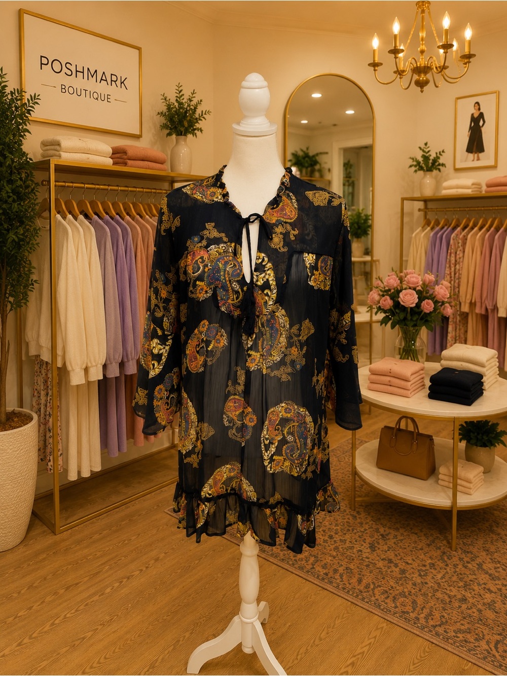 Lilly Lou Navy Paisley Ruffle Tunic Dress Large Boho